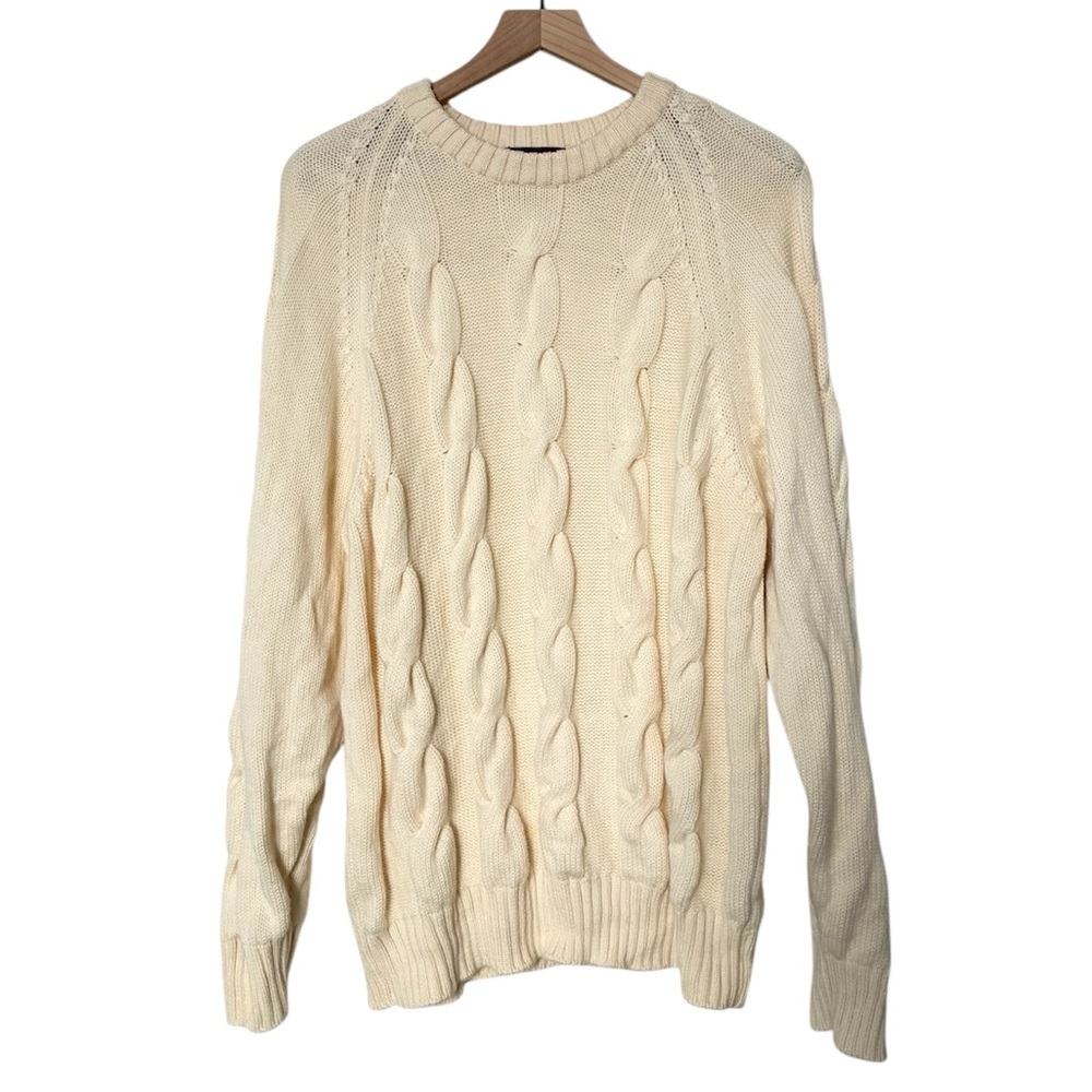 Vintage Wool Nordstrom Men's Ivory Cable Knit Crewneck Sweater Preppy Italy